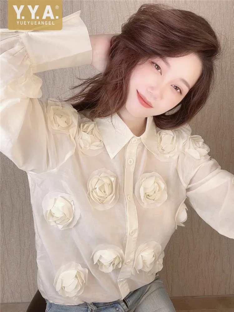 

Рубашка женская с длинным рукавом, Офисная сорочка из шелка и хлопка с 3D цветами, топ для работы, винтажный дизайнерский Топ, весна