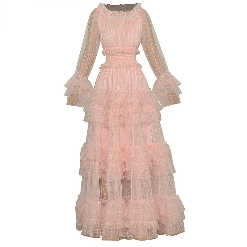 

Elegant Dresses For Women 2023 Luxury Designer Spring Long sleeve Elastic waist Cascading Ruffle Mesh Vacation Pink Maxi Dress