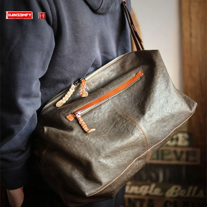 

Men's Real-Leather Traveling Bag Light Soft Top Layer Cowhide Daily Shoulder Messenger Bag Large Capacity Casual Sports Gym Bag