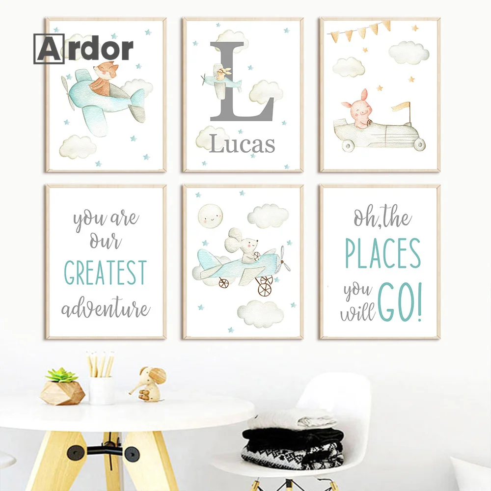 

Custom Name Bear Rabbit Fox Pig Mouse Car Aviation Airplane Art Canvas Painting Nordic Poster Print Wall Picture Kids Room Decor