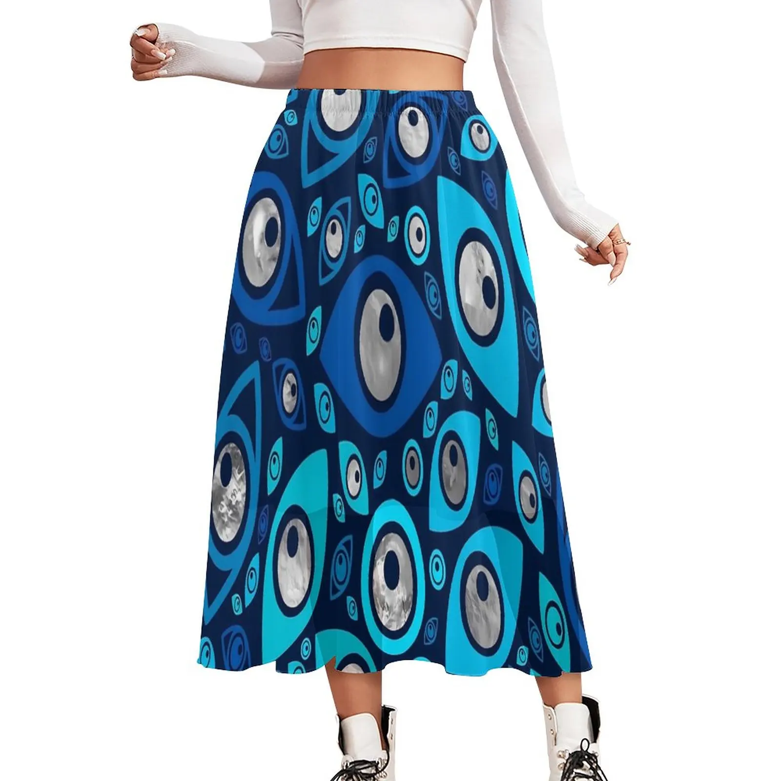 

Юбка в стиле ретро, шифоновая ретро-юбка с завышенной талией, греческого сглаза, голубого цвета, в стиле бохо, повседневная, под заказ, большие размеры, на лето