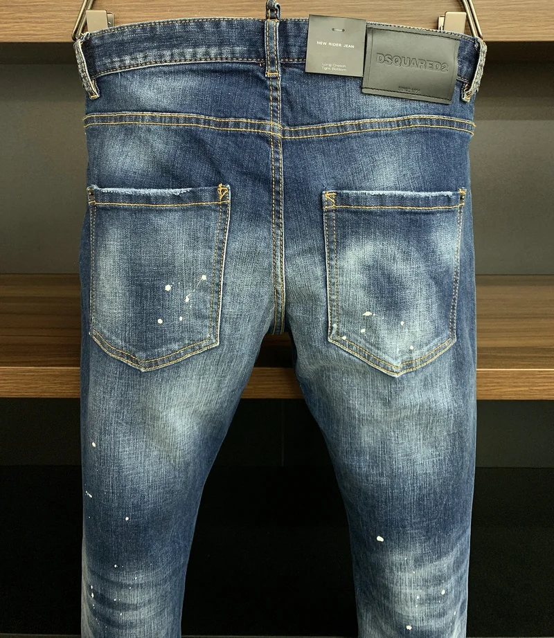 DSQUARED2 Men's/Women's Washed Blue Simple Slim-Fit Stretch Hole Patch Jeans 9626