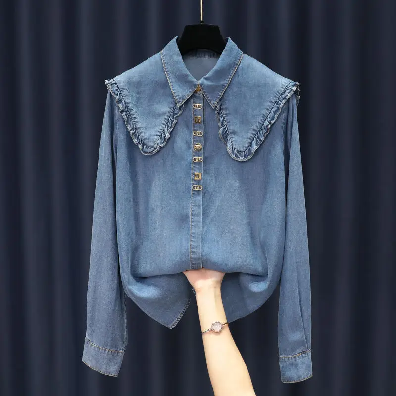 Denim Shirts 2022 Spring Autumn Designe Chic Ruffles Peter Pan Collar Sequined Long Sleeve Blouse Female Washed Jeans Tops Blue