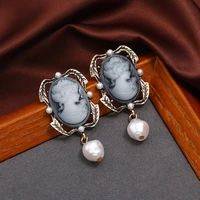 2022 trendy creative boho vintage sculpted portrait luxury baroque pearl pendant drop earrings for women fashion jewelry