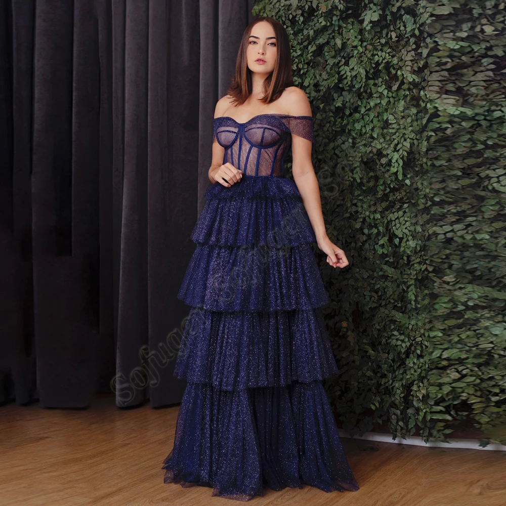 

Classic Off The Shoulder Evening Dresses Layered Prom Gown Sparkly Tulle Sweetheart Cocktail Dresses Robe De Soiree Customised