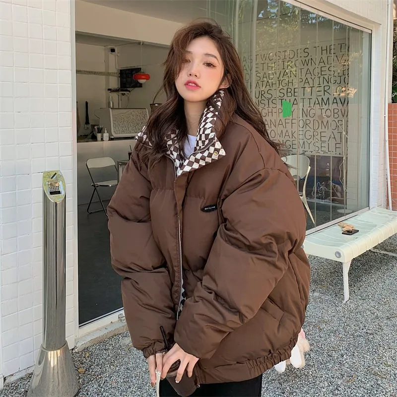 2022 winter new checkerboard down cotton-padded jacket women loose BF wind collar short cotton-padded jacket