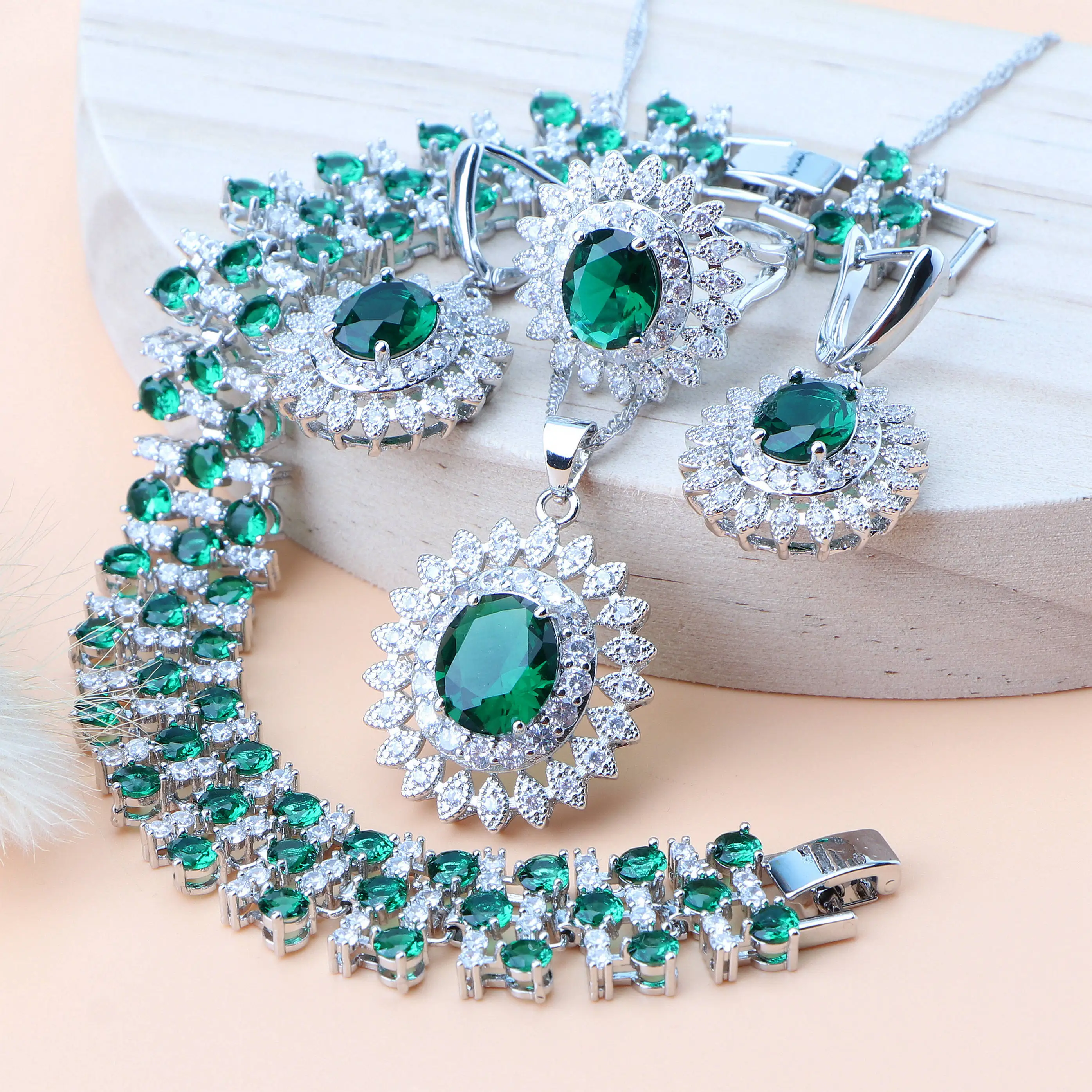

925 Sterling Silver Jewelry Sets Bridal Green Zircon Bracelets Rings Pendant Necklace Earrings Set For Women Wedding Jewelry