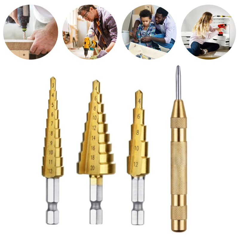 

Titanium Coated Cone Hole Cutter Hex Shank Step Drill Bit Set Metal 4pcs High Speed Steel Hole Cutter Centers Taper Gold Drill