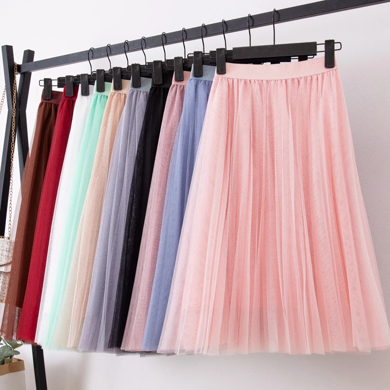 

4 Layers Tulle Skirts Womens Black Gray White Adult Tulle Skirt Elastic High Waist Pleated Midi Skirt