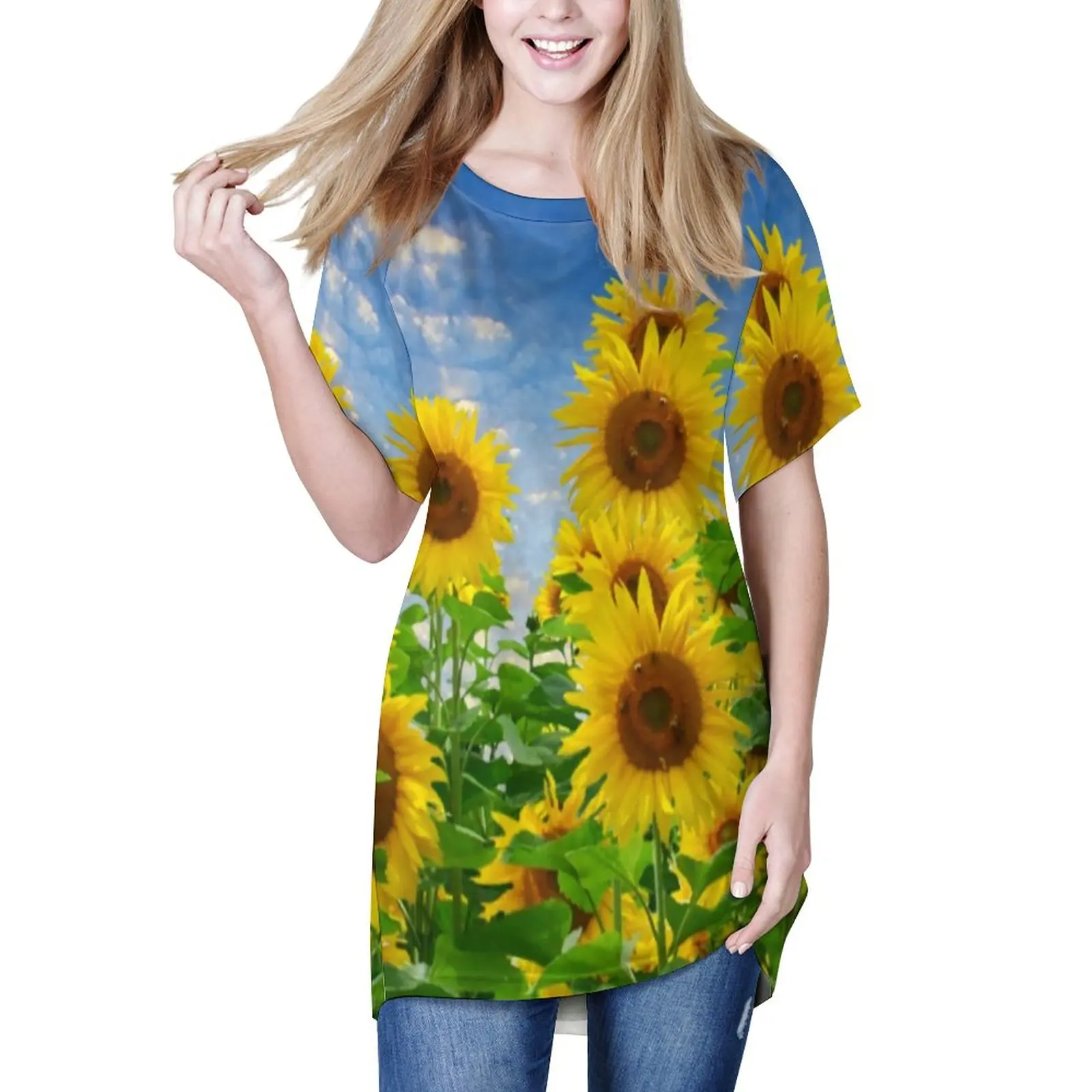 

Футболка женская с подсолнухами, повседневная Милая рубашка с коротким рукавом, с принтом подсолнуха, летняя свободная одежда, большие разм...