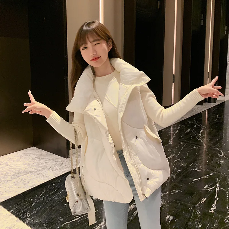 Autumn Winter New Women Cotton Vest Fashion Design Sense Large Pockets Casual Loose Plus Velvet Warm Solid Color Sleeveless Coat