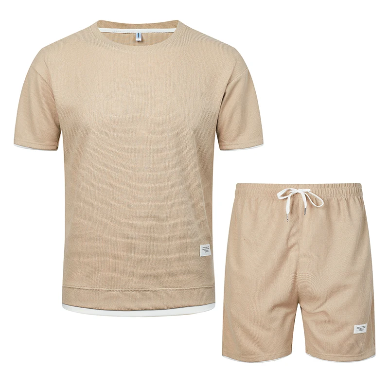 

2023 New Solid Color Summer Waffle Tracksuit Men Casual T Shirt Shorts 2 Piece Set Fashion Sport Mens Short Sleeve Loose Sets