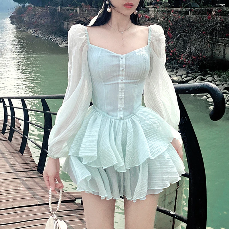 

Fashion Elegant Ruffles Dress Women Summer Square Collar Puff Sleeve Mini Dress Sexy Ball Gown Dress Female