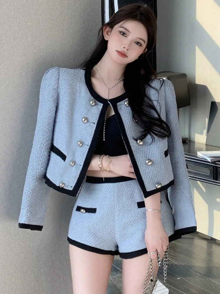 

High Quality Small Fragrance Tweed 2 Piece Set Women Jacket Coat + Shorts Sets Fashion High Street Slim Two Piece Pants Suits