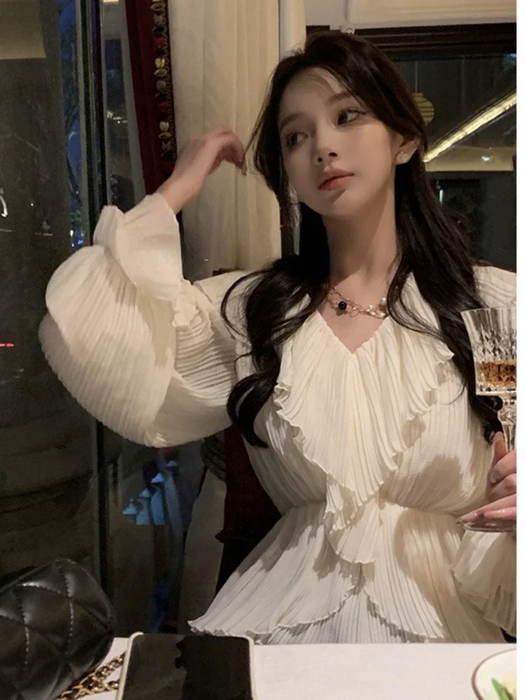 Плиссированное платье с оборками Женская одежда длинным рукавом Белое длинное