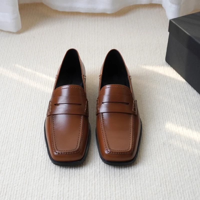 Elmsk Fashion Square Toe Genuine Leather Shoes Loafers Women Retro Solid Slip-On Flat Shoes