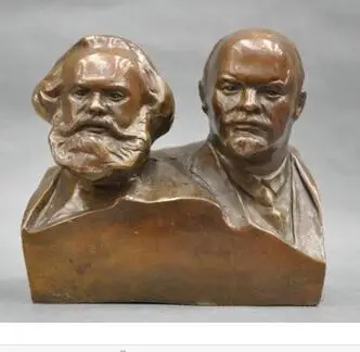 collecting OLD copper decoration brass Old 6'' Elaborate Great Communist Marx And Lenin Bust BRASS  sculptureroom Art