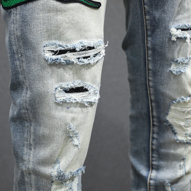 High Street Fashion Men Jeans Retro Washed Blue Elastic Stretch Skinny Ripped Jeans Men Snake Patch Designer Hip Hop Brand Pants