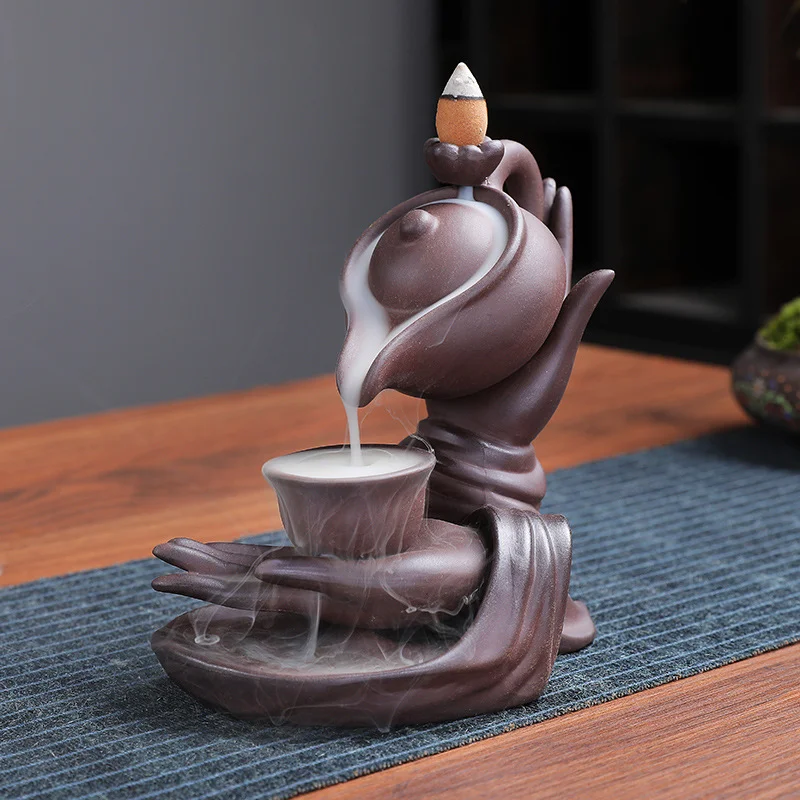 Buda el ve çaydanlık geri akış tütsü brülör ev iç figürler el sanatları meditasyon odası dekoratif tütsü brülör tutucu