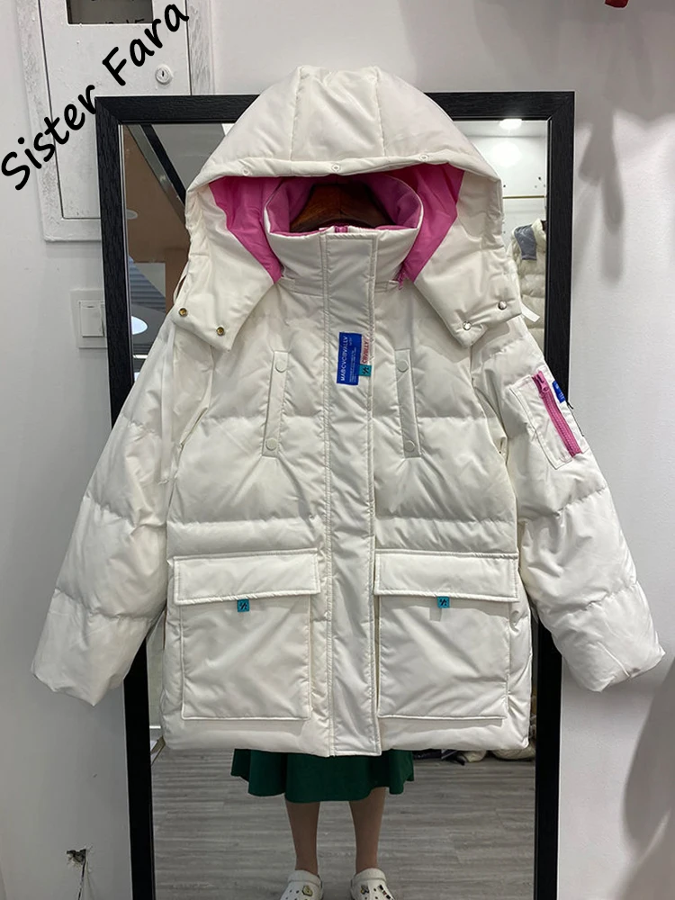 Sister Fara Winter Long Hooded Down Jacket Women White Duck Down Warm Thicken Parka Coat Female Loose Down Jackets Coat Winter