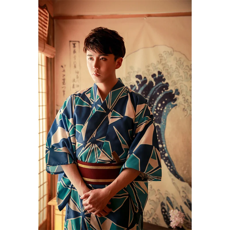 

Japanese Traditional Kimono Men Blue Clothing Male Haori Obi Samurai Warrior Printing Clothing Costume Cosplay Samurai Yukata