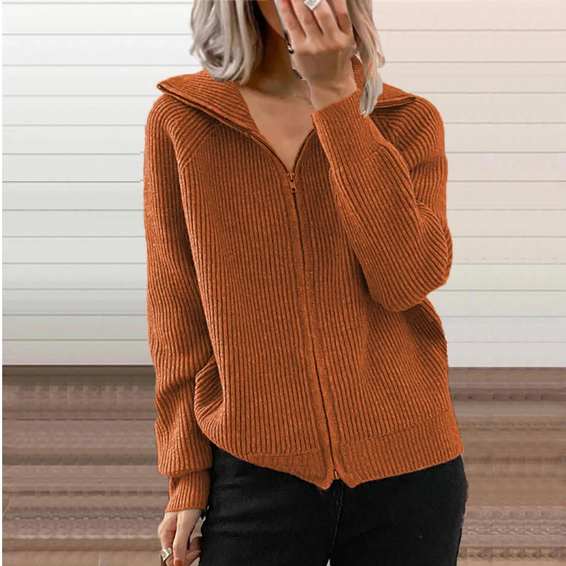 

Mandylandy Women Elegant Autumn Winter Knitted Sweater Top Fashion Casual Long Sleeve Turn Down Collar Zipper Loose Knitwear