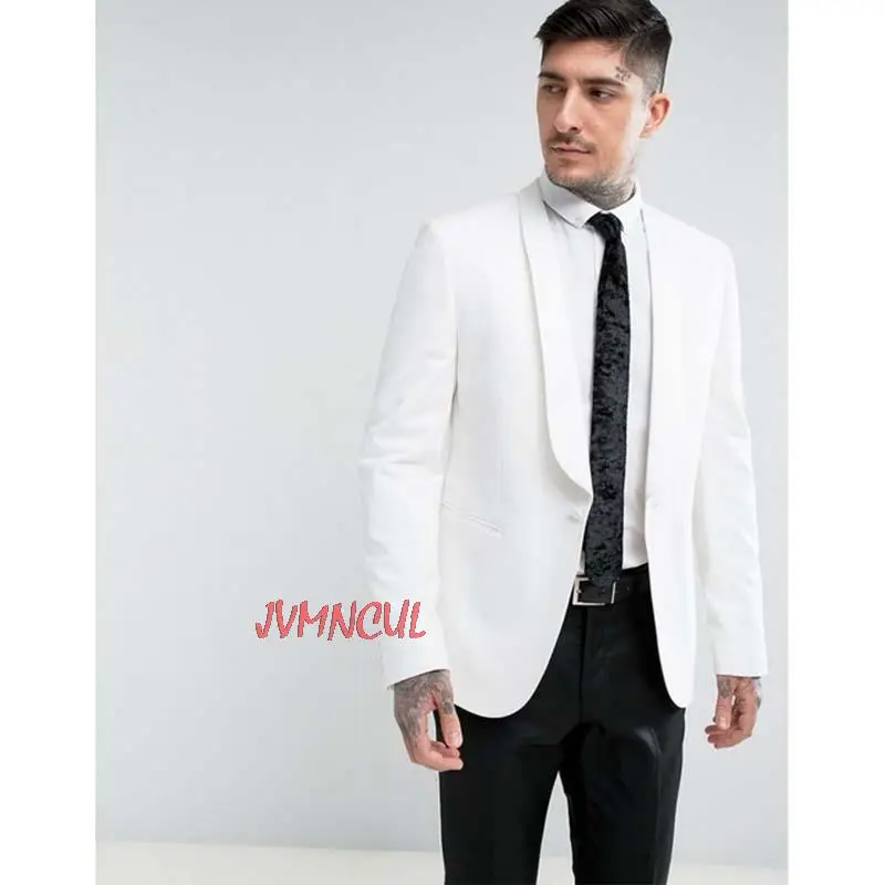 

Latest Coat Pants Designs White Shawl Lapel Wedding Dress Suits For Men Jacket and Black Pants Tuxedo 2 Pieces Terno Casamento