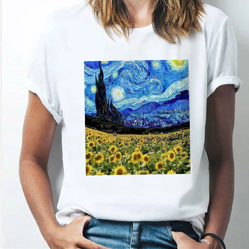 

Gogh starry sky and flower field Printing Women T-shirts Cartoon Tshirt Fashion o-neck Tshirts Vintage Loose T Shirts Couple