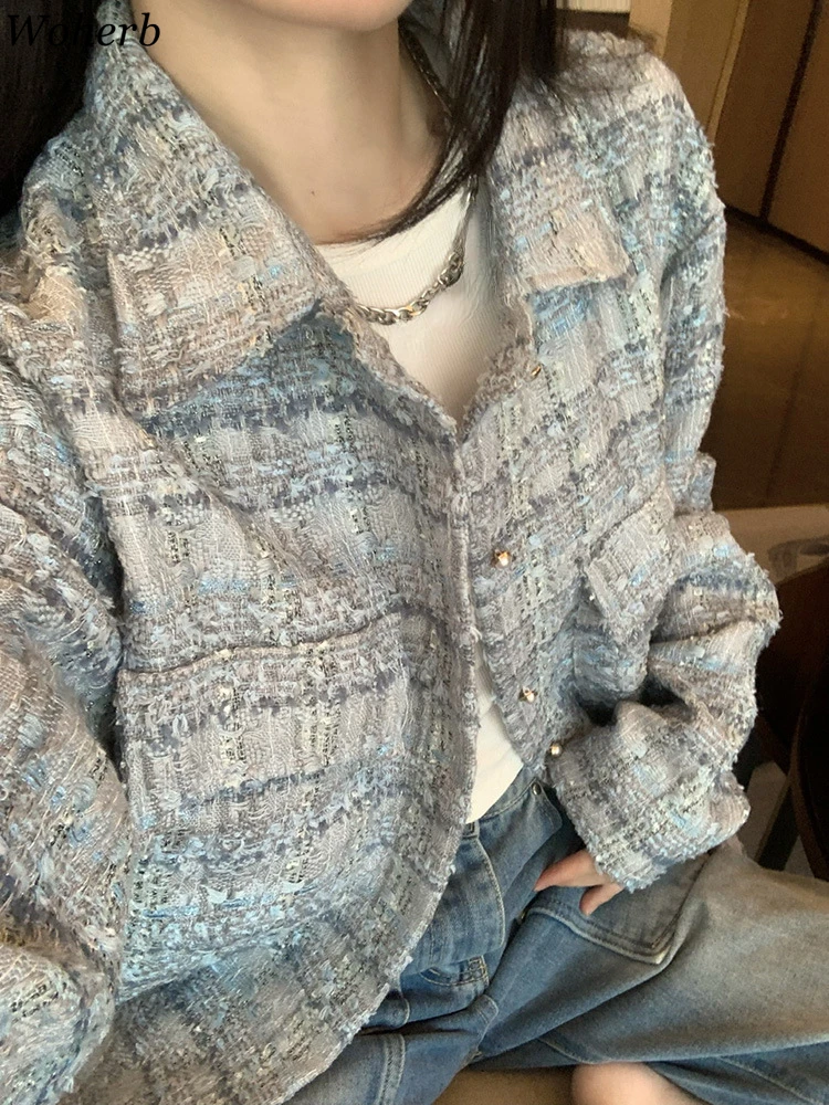 2024 весенняя винтажная твидовая куртка в клетку женская одежда однобортная