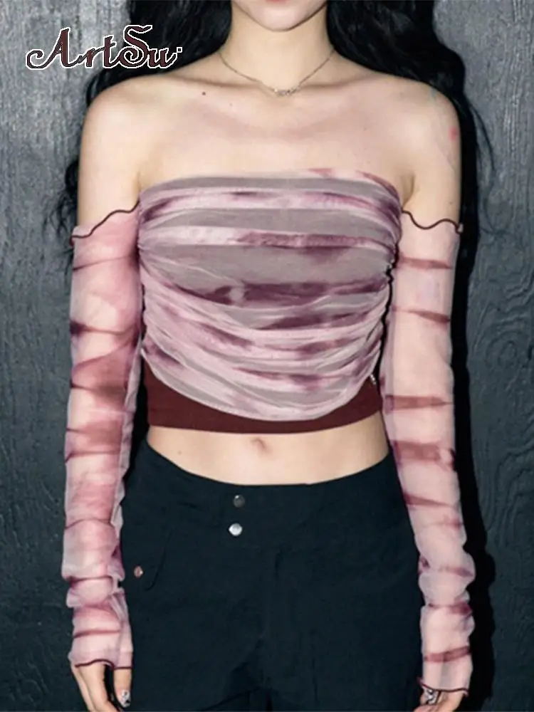 

Artsu/корейский топ-труба с длинным рукавом, красный топ с открытым плечом и сетчатыми складками, уличная одежда, милая Клубная одежда 2023