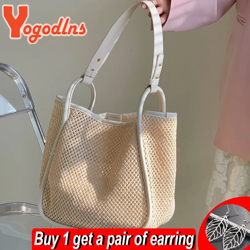 

2023 Simple Contrast Color Straw Bag For Women Large Capcity Rattan Shoulder Bag Travel Seaside Beach Bag Commuter Totes