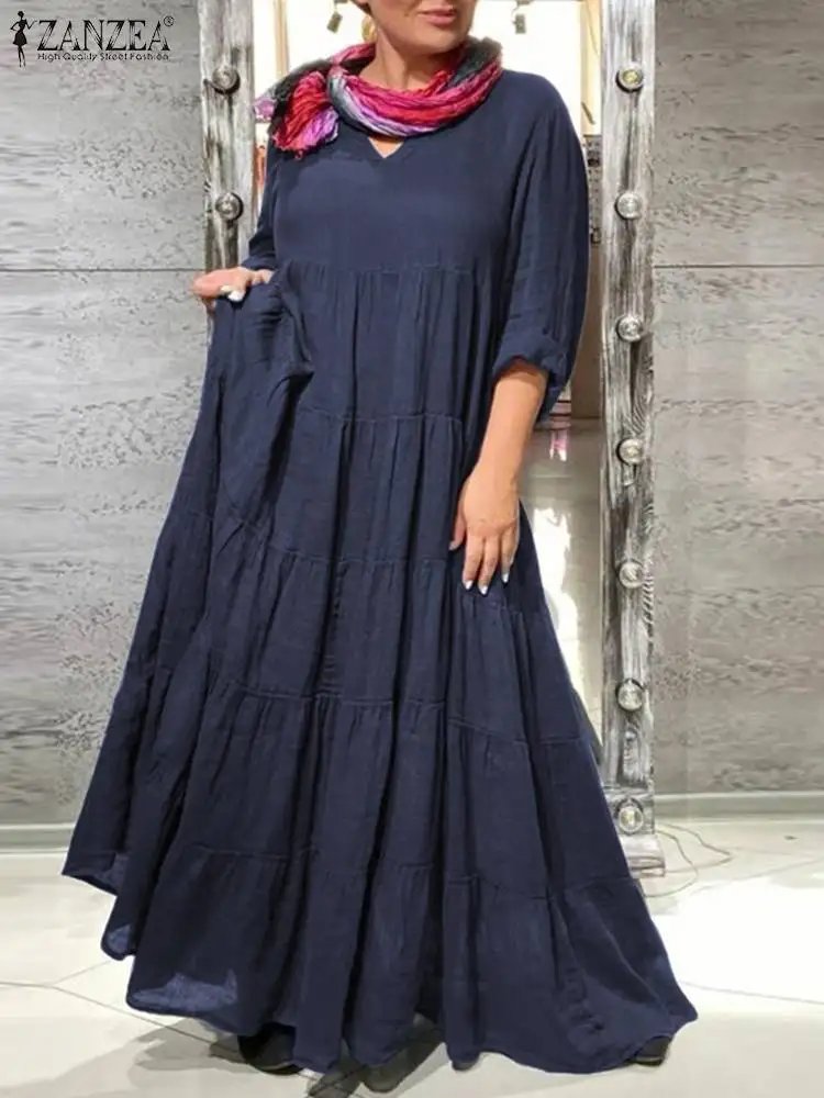 

Платье ZANZEA женское длинное с V-образным вырезом, модный элегантный повседневный вечервечерние сарафан с длинными рукавами и оборками, на ос...