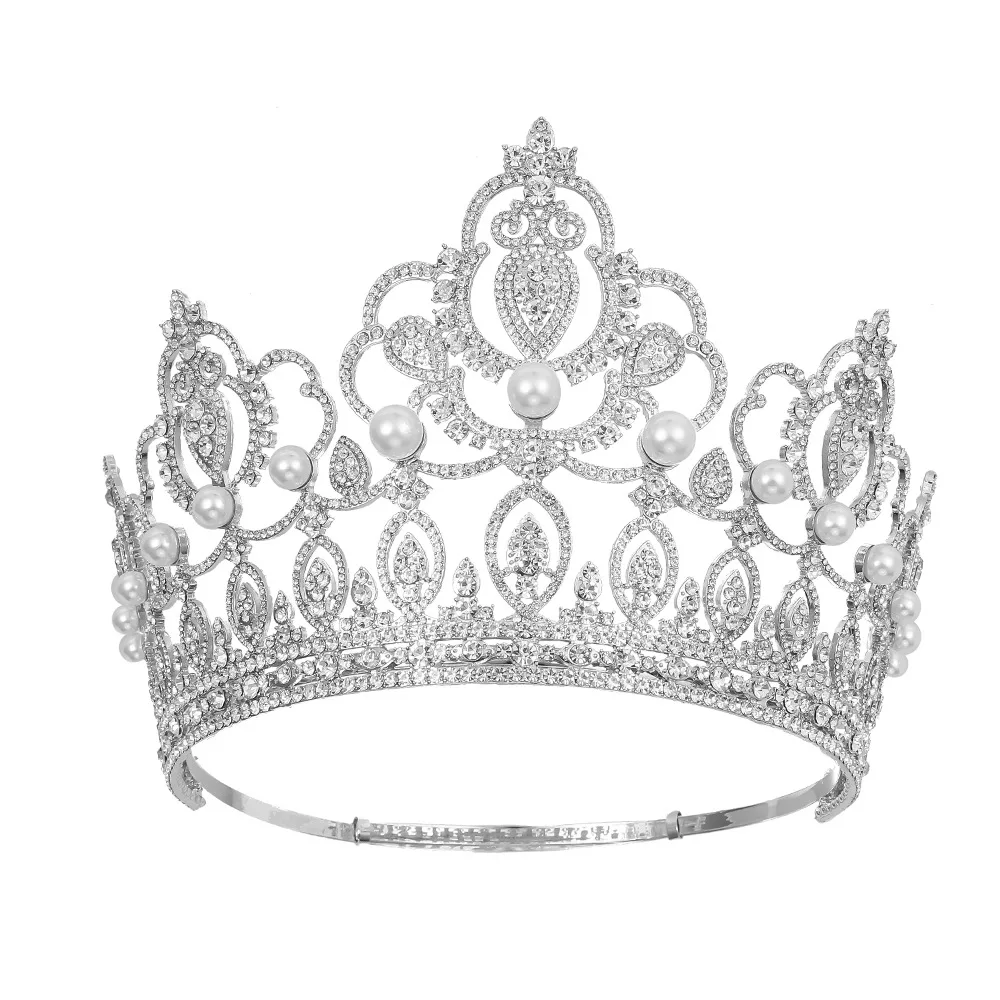 

Miss Universe Sliver Big Pearls Crystal Tiaras Royal Queen Crown Women Rhinestone Pageant Diadem Wedding Bridal Hair Accessories