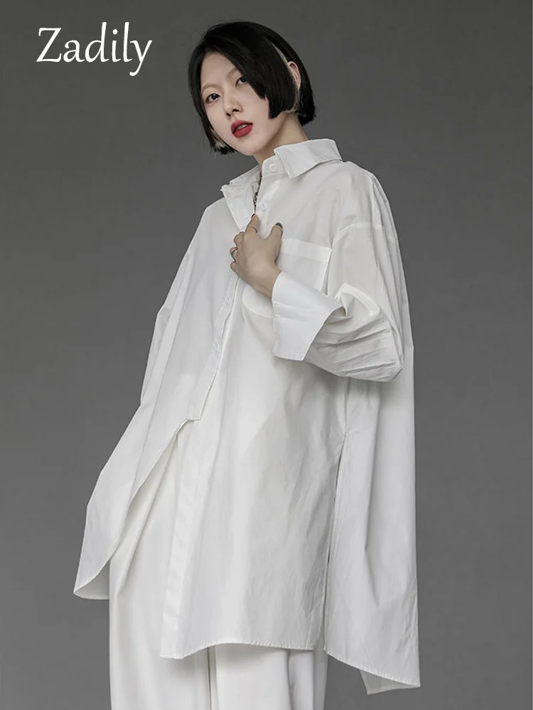 

Streetwear Full Sleeve White Long Shirt Women Oversize Button Up Asymmetrical Ladies Blouse Summer Punk Female Tops