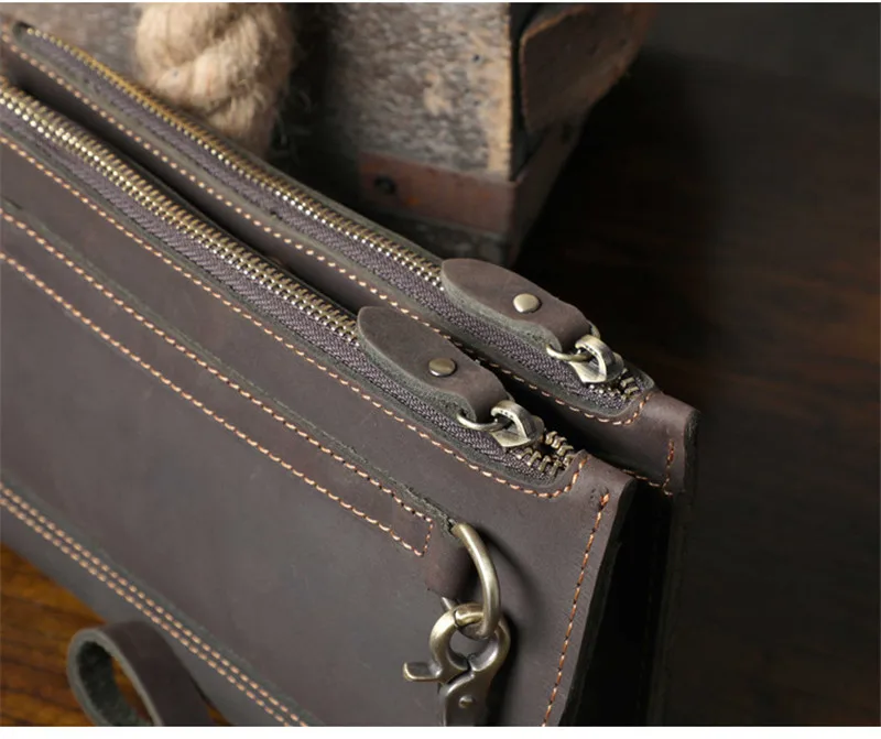 Fashion retro crazy horse cowhide men's clutch bag outdoor mobile phone business card holder card long 2 zippers messenger bag