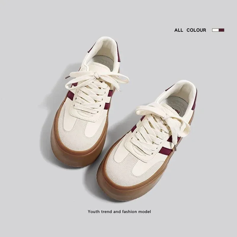 Кроссовки женские кожаные на шнуровке Вулканизированная подошва толстой