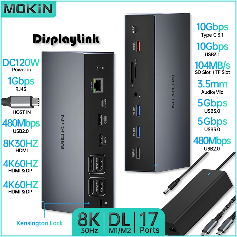 

MOKiN 17 in 1 Docking Station for MacBook Air/Pro, M1/M2, iPad - DisplayLink 4K60Hz HDMI USB3.1 Type-C SD RJ45 Audio Kensington