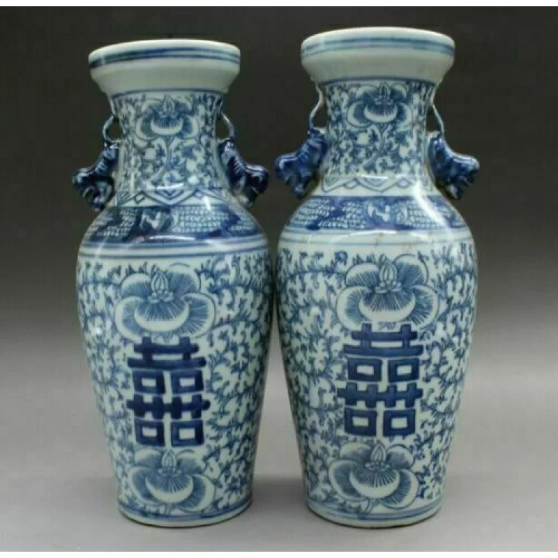

A Pair of Exquisite Chinese Old Blue and White Porcelain Vase Double Happiness