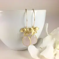 ER41772 Rose Quartz Bridal Jewelry Gold Orchid Flower Long Dangle Earrings with Pink Gemstone Dangle Earrings