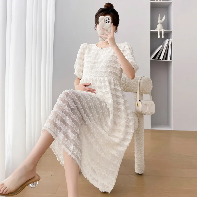 Летнее кружевное платье для беременных 2024 модное плиссированное с пышными