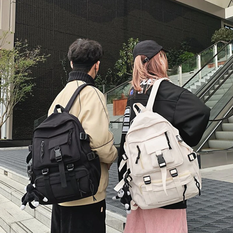 

Preppy Style Black Backpack Unisex Women Men Backpack Nylon Waterproof Multi-Pocket Design Mochilas Teenagers Shoulder Bag