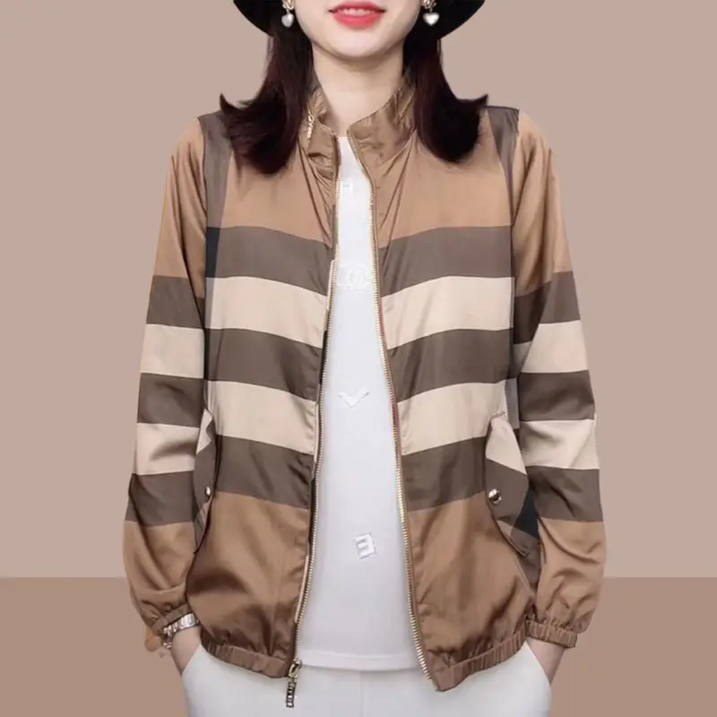 

Spring Summer Jacket Women Stand Collar Sun Protection Clothing Fashion Casual Zipper Thin Windbreaker Coat 4XL E30