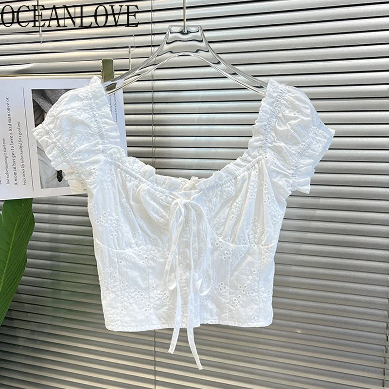 

Lace Up White Blouses Women Tops Short Sleeve Solid Korean ashion Y2k Blusas Mujer Sweet Slim Sexy Rules Shirts