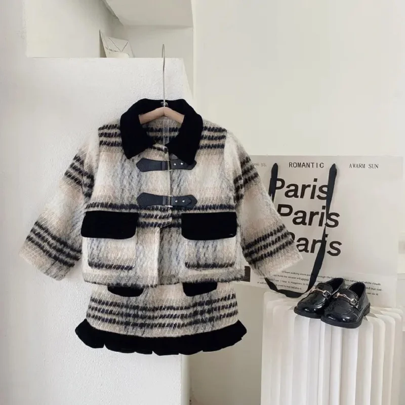 

Larua Kors New Korean Baby Clothing Sets Girls Winter Long Sleeve Plaid Fleece Sweater Ruffles Skirt 2 Pcs Sets Girls Clothes