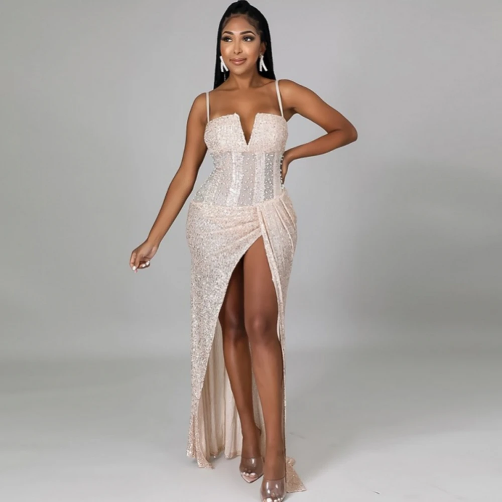 

African Dresses For Women 2021 Summer Glitter Split V-Neck Sexy Party Dress Long Tunic Night Club Sleeveless Long Maxi Dresses