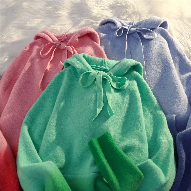 

Gradient Color Hooded Knitted Sweater Women's Spring and Autumn New Style Chic Design Long-sleeved Knit Pullover Tops Female