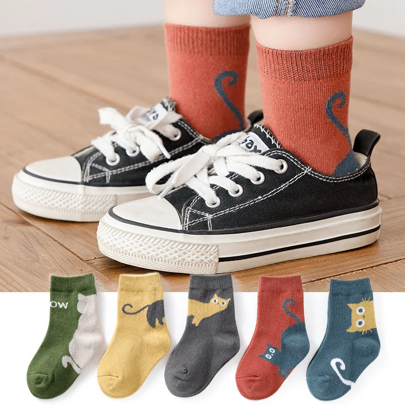 5Pair/Lot Kids Cotton Socks Boy Girl Baby Cute Cartoon Soft Warm Stripe Monster Fashion Sport Socks Autumn Winter Children Gift