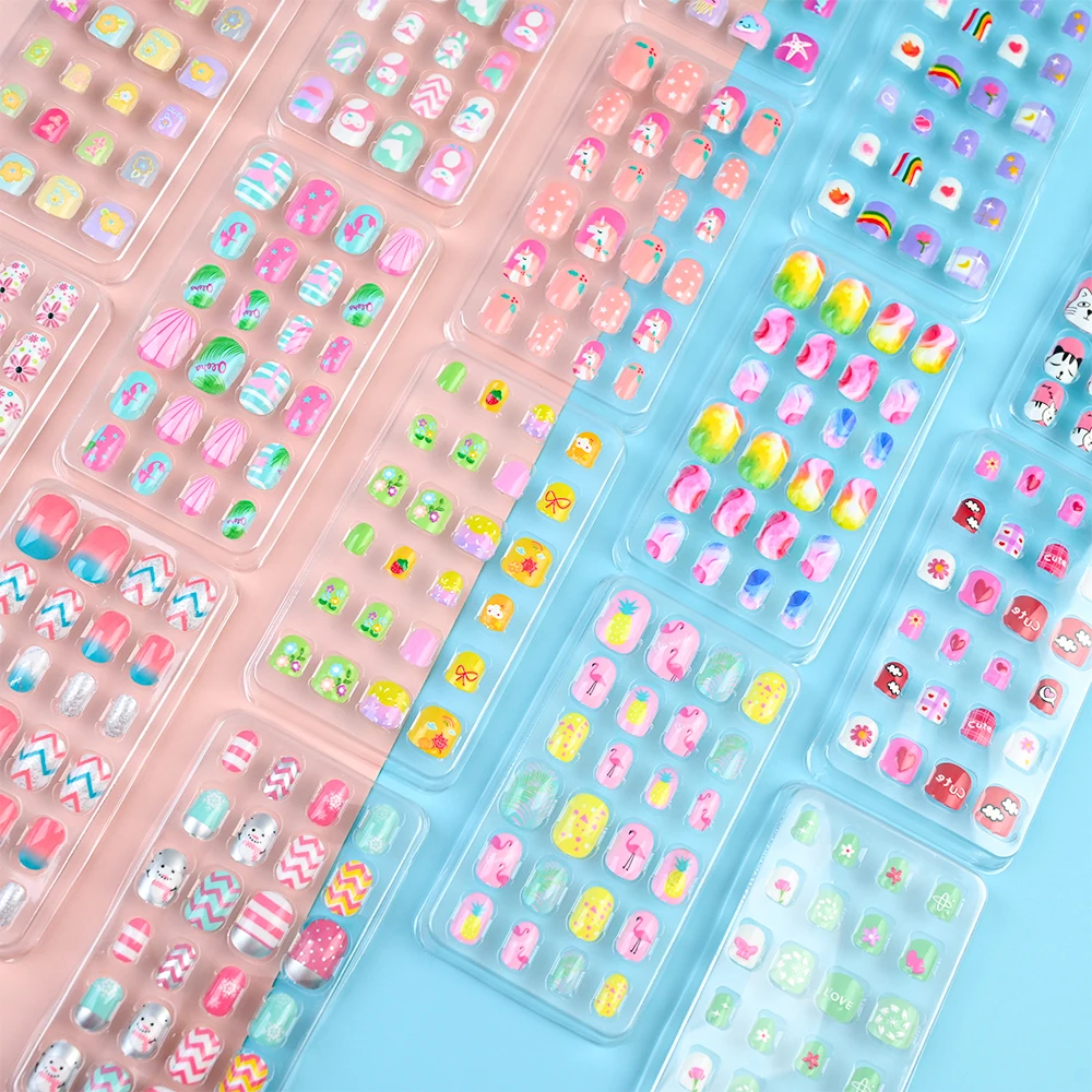24 шт./кор. 5D тисненые детские милые мультяшные накладные ногти Kawaii кролик кошка