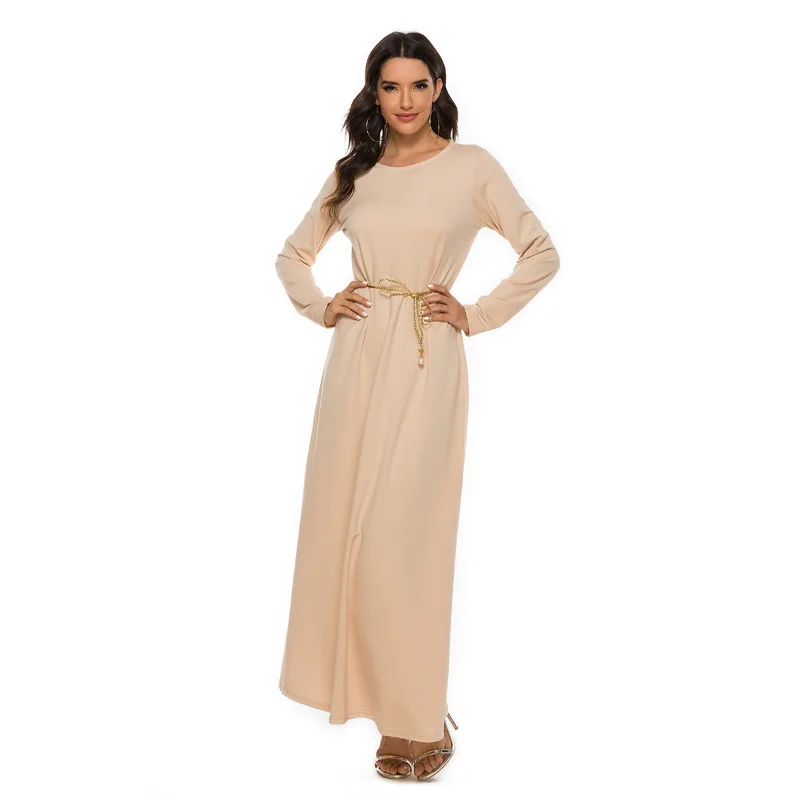 New Muslim Basic Long-sleeved 95% Cotton Gift Belt Middle East Abayas for Women Vistidos Musulmana Modest Largos Robes