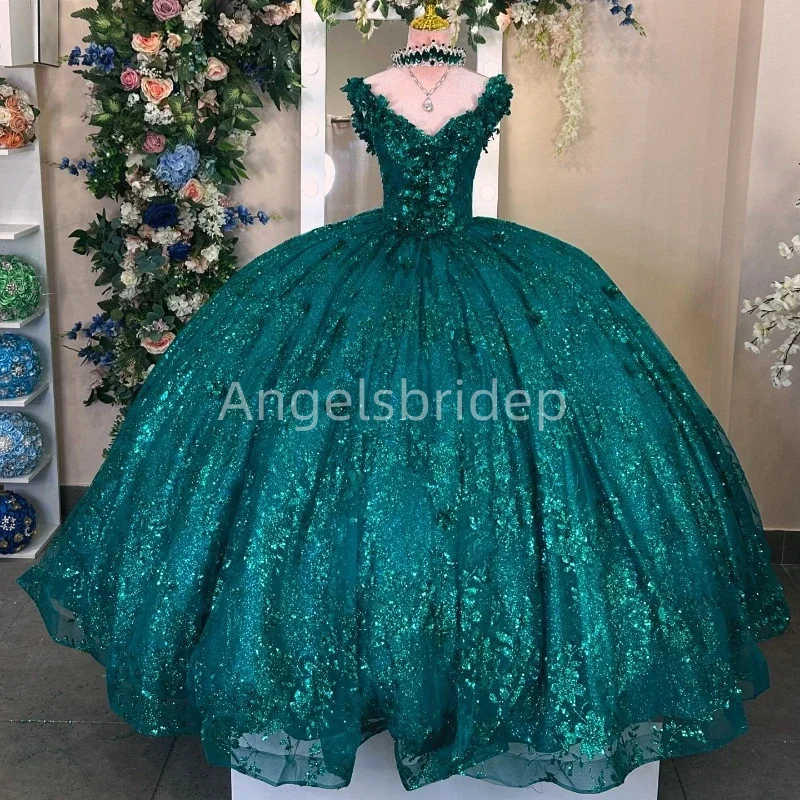 Angelsbride блестящее черно-зеленое бальное платье платья для Quinceanera с бисером